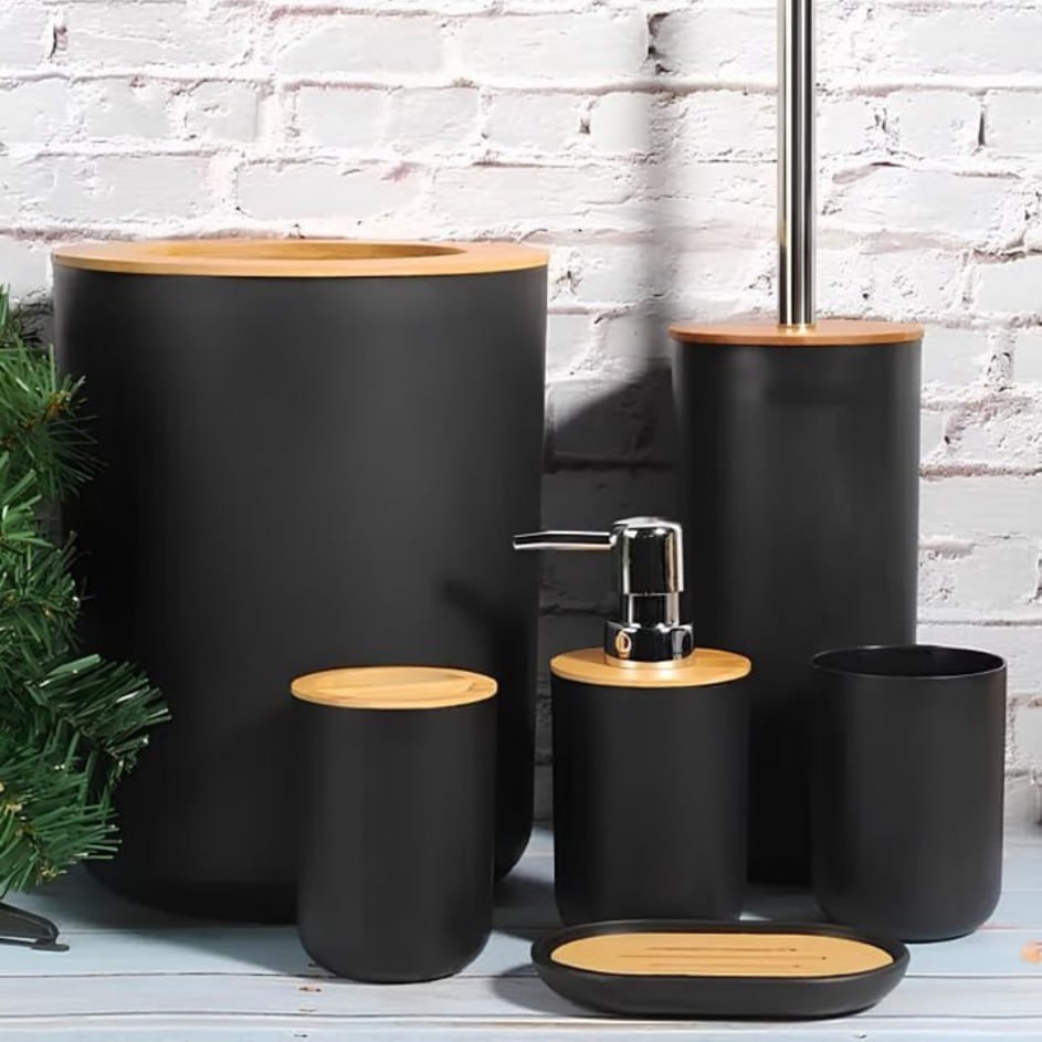 Kit Banheiro Moderno Bambu Com 6 Peças Lixeira Tampa Fechada Cor Preto