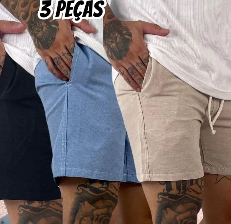 Kit 3 Shorts Bermuda Mauricinho Masculino Em Linho Premium