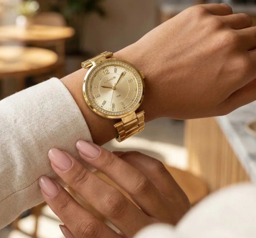 Relogio Dourado Pulso Feminino Lince Com Pedras + Brinco