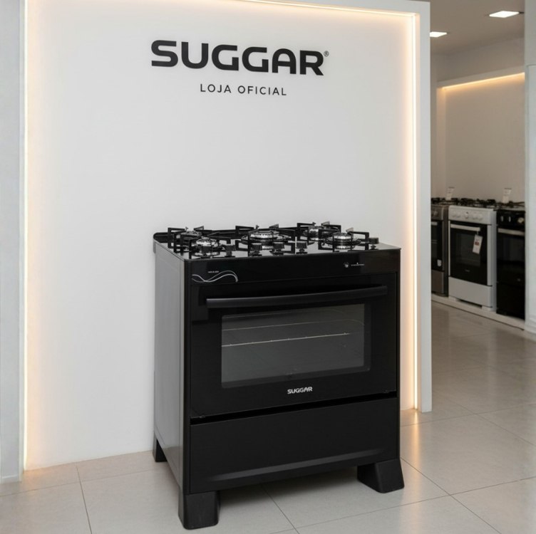 SUGGAR FOGÃO NEO GLASS PRETO MESA DE VIDRO 5 BOCAS TREMPE 6 APOIOS ACENDIMENTO AUTOMÁTICO FGVNG510PT