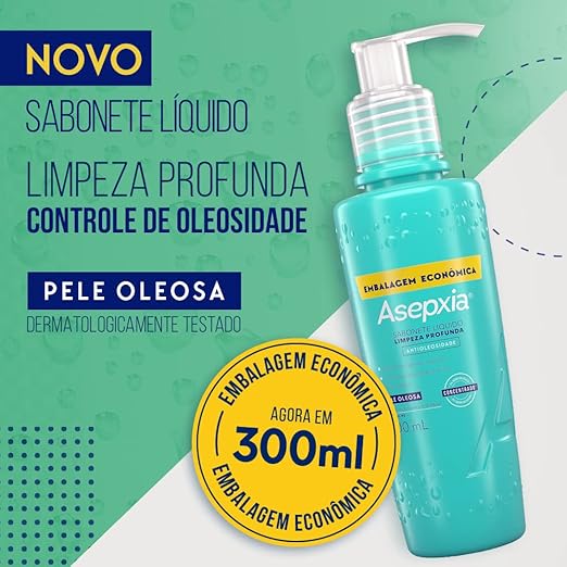Asepxia Sabonete Facial Líquido para Pele Oleosa, Limpa Profundamente e Controla Oleosidad...