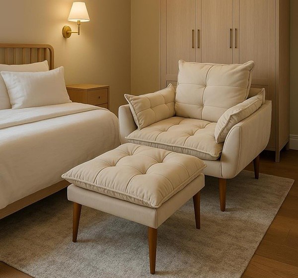 Kit Poltrona Decorativa Amamentação Suede Luxo com Puff Suede - Bege