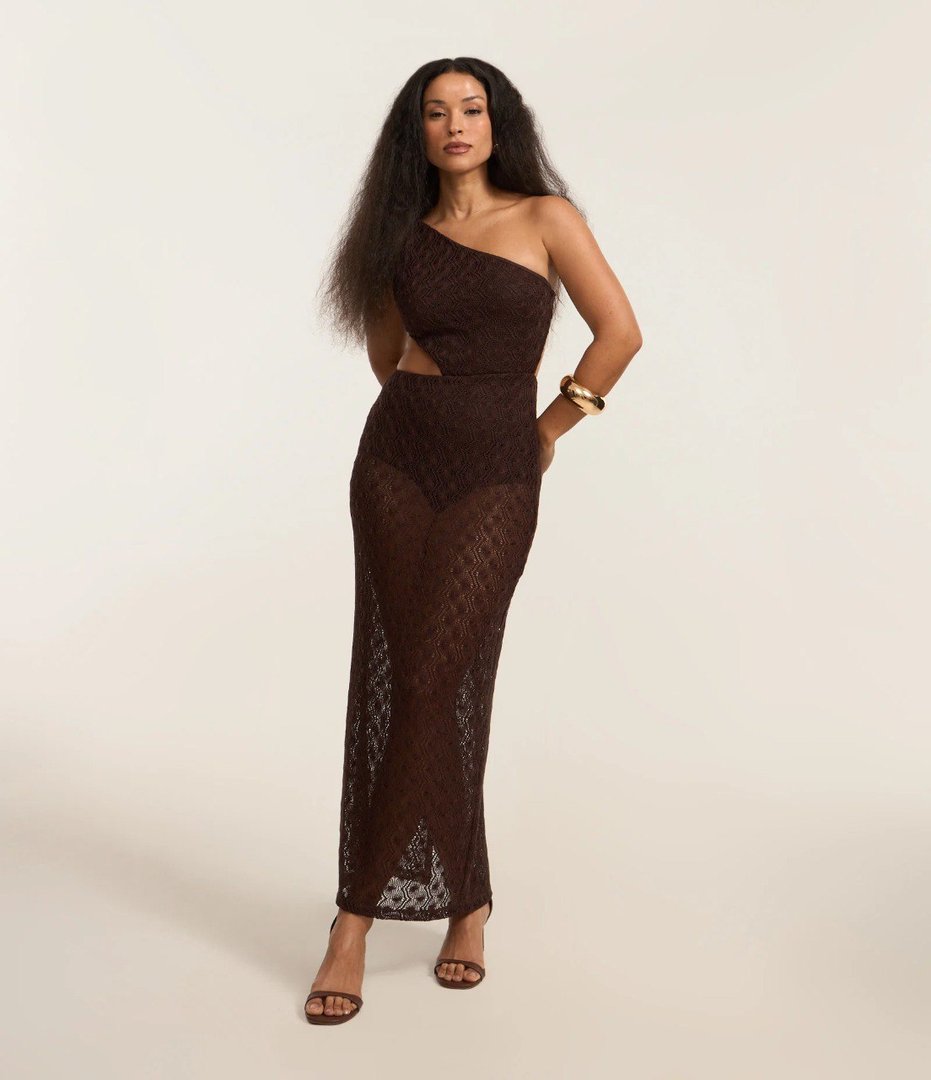 Vestido New Midi em Renda com Ombro Só e Sobreposição Marrom
