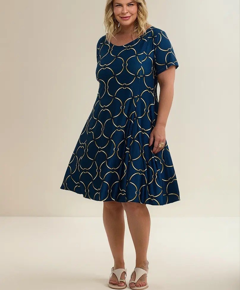 Vestido Midi Plushop Seroy Estampado Manga Curta Tam. 48 ao 54 - 2 cores