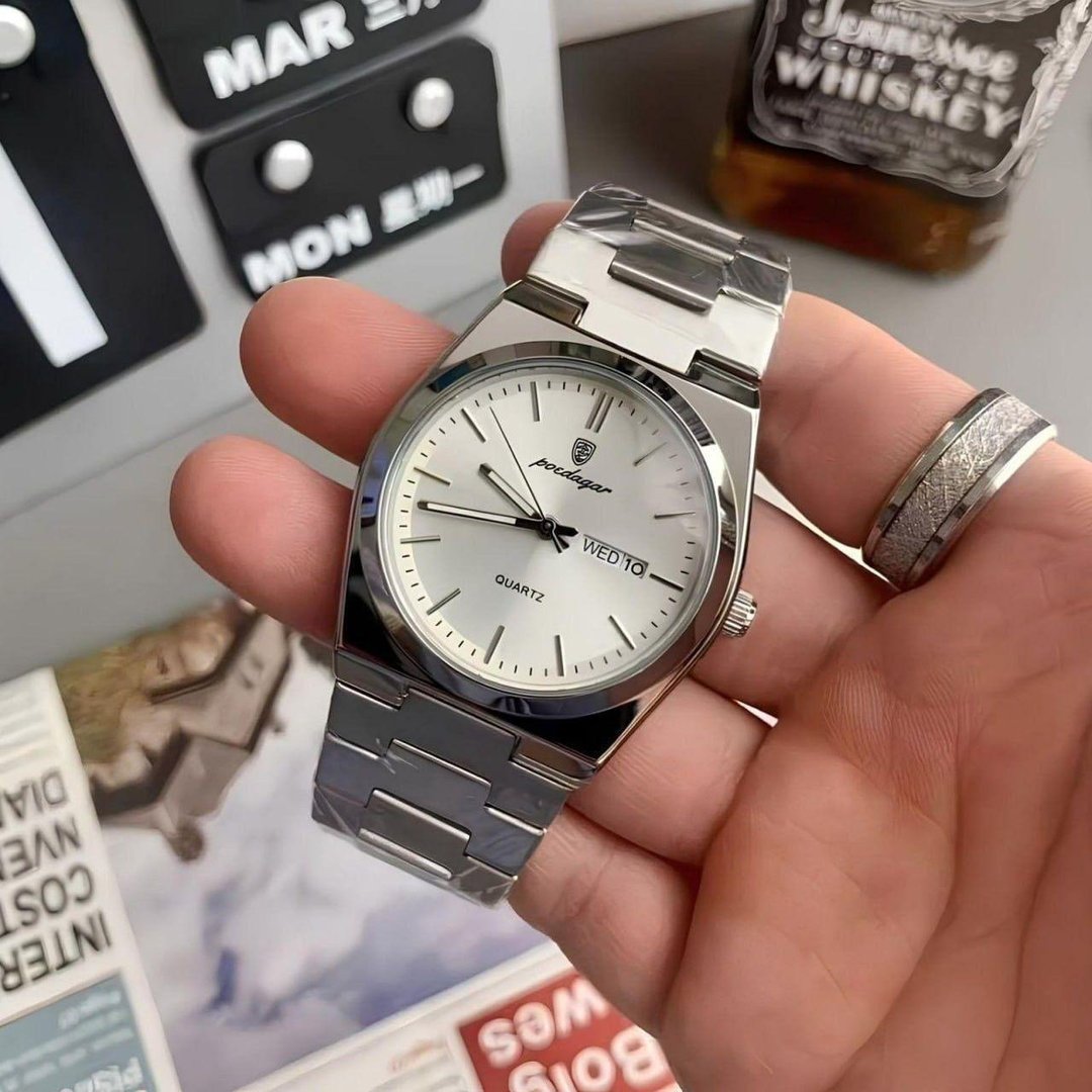 Relógio Masculino Luxo Poedagar Old Money Aço Quartzo Prata Prateado Clássico Branco Capra...