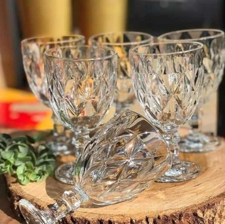 Jogo 6 Taças Diamante Vidro 330ml Copo Diamond Moderno Luxo Transparente Diamante Lapidado...