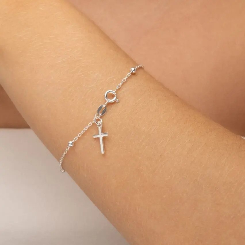 Pulseira Terço Bolinhas Pingente Cruz Prata 925 Unissex