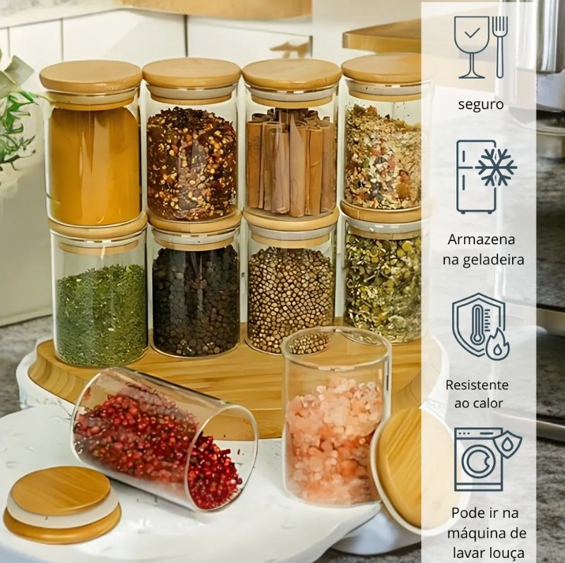 Kit Com 6 Potes De Vidro C/ Tampa De Bambu Hermético 300ml Sem Cor