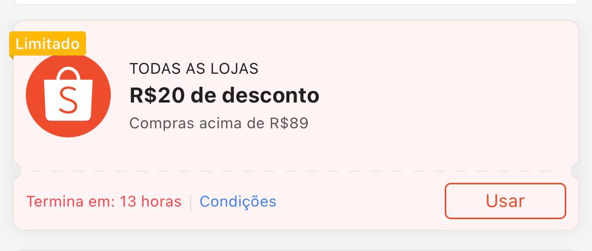 Cupom R$ 20 a partir de R$ 89 - Shopee