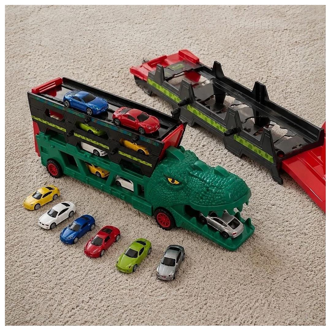 Lançador Dino Truck Super Carrinhos Caminhão Cegonha Pista Verde