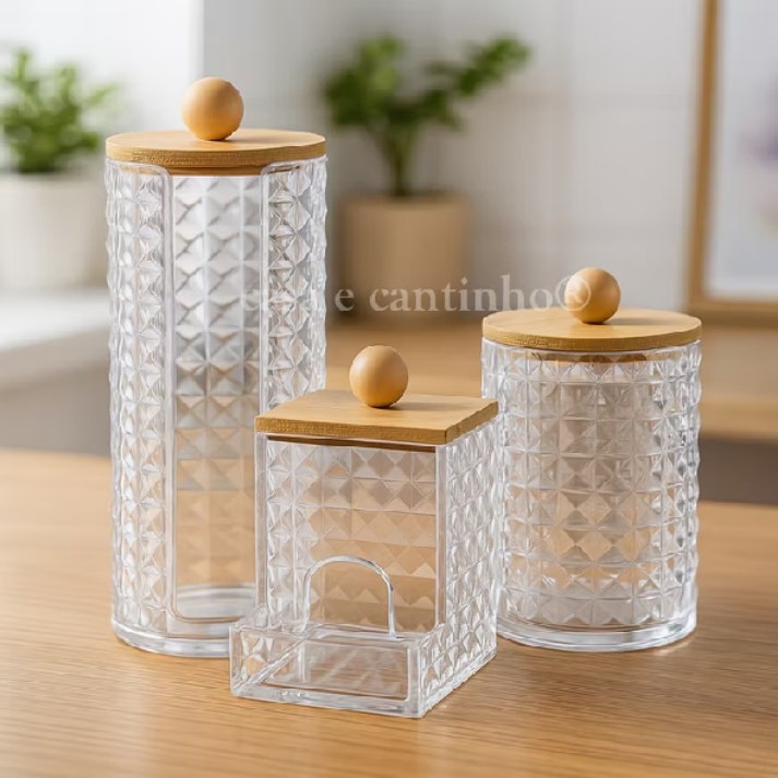 Organizador Duplo Acrílico com Tampa de Bambu Skincare Maquiagem Porta Algodão e Cotonete