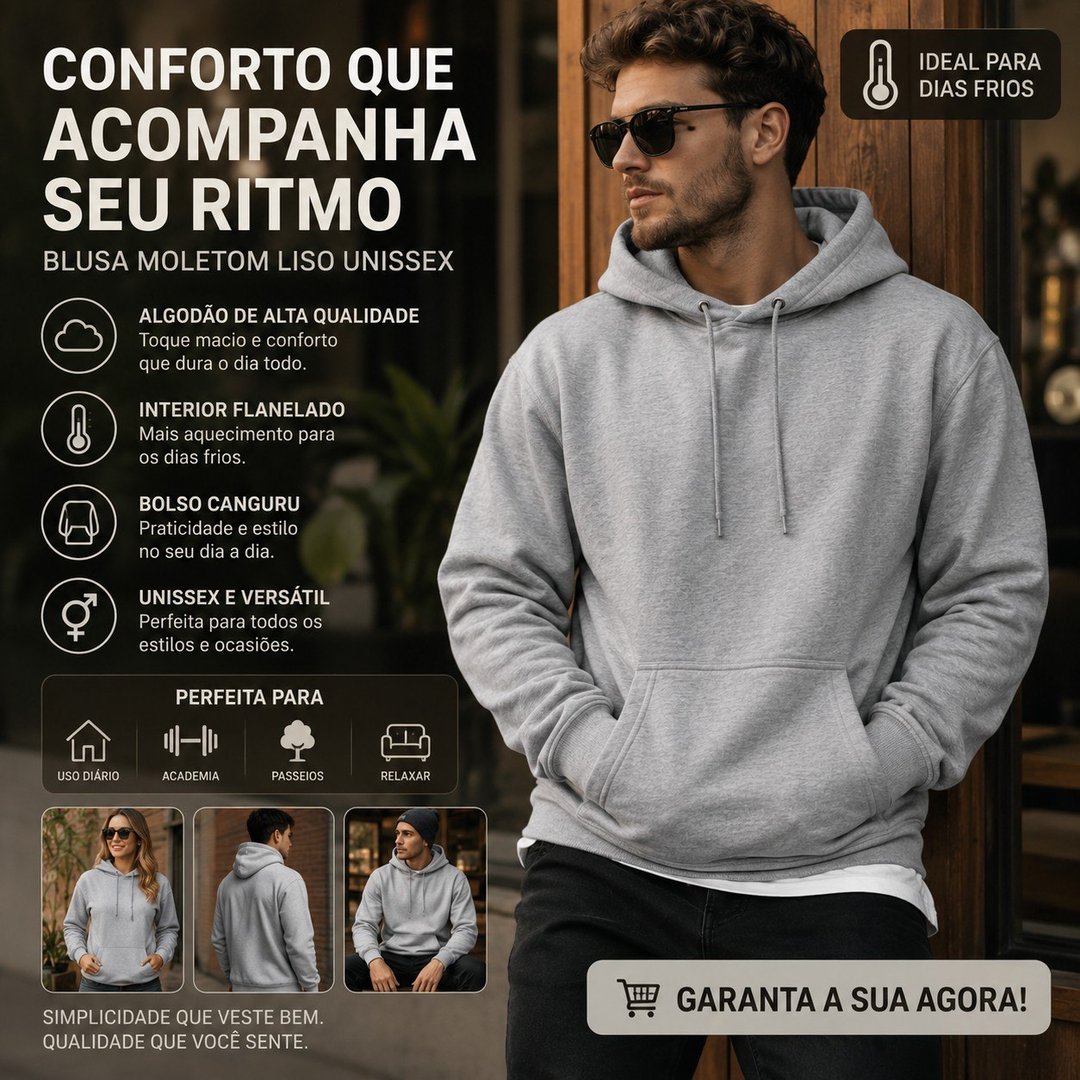 Blusa Moletom Liso Algodão Unissex Blusa de Frio Canguru Flanelado
