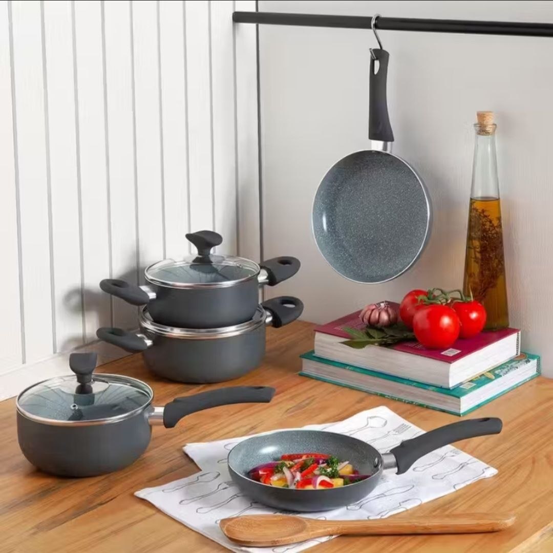 Conjunto 5 Panelas Cerâmica Casa do Chef Tampa de Vidro Cinza