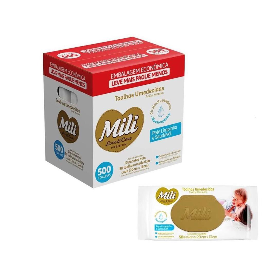 Mili Toalhas Umedecidas Love & Care Premium, Uso Bebê, Aloe Vera e Calêndula, Pack com 10 Pacotes (48 Unidades cada)