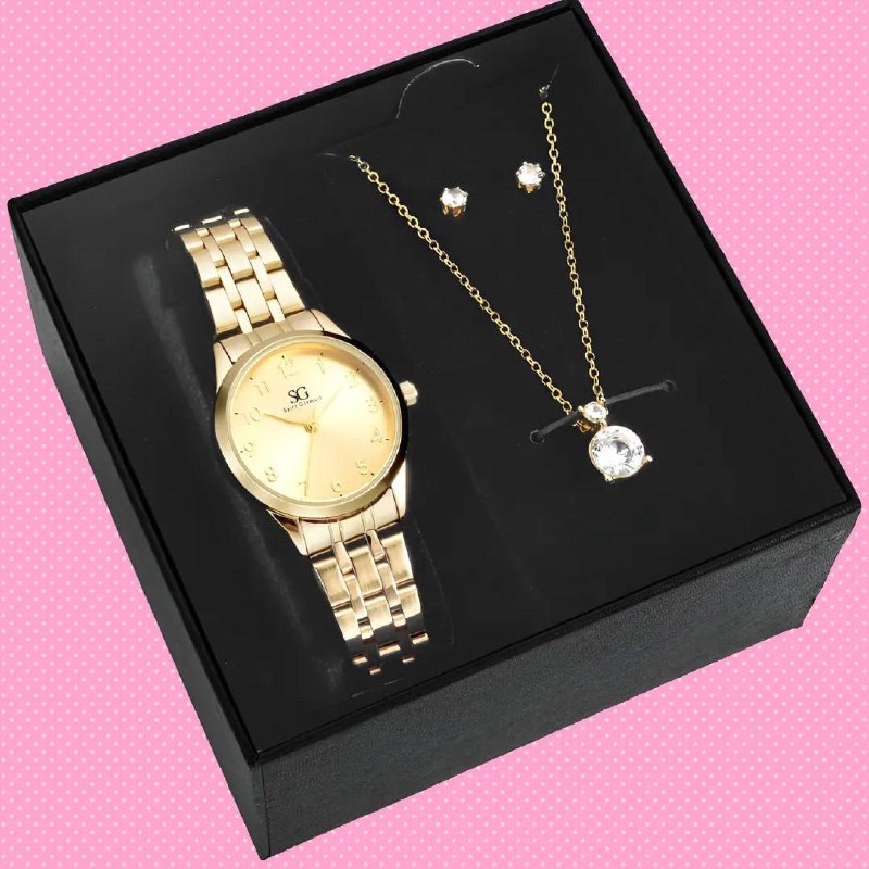 Kit Relógio Colar E Brincos Ponto De Luz Dourado Feminino Luxo Golden Saint Germain Presen...