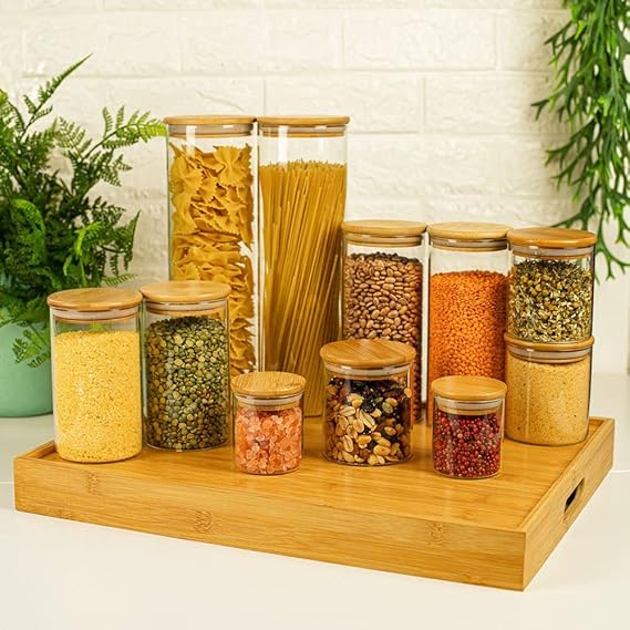 Kit 11 Potes Vidro Tampa De Bambu Herméticos Redondos - Tüd Cor Marrom-claro