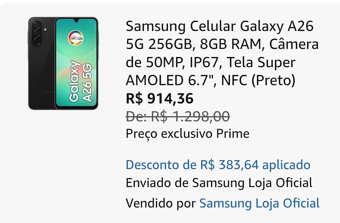 Samsung Celular Galaxy A26 5G 256GB, 8GB RAM, Câmera de 50MP, IP67, Tela Super AMOLED 6.7"...