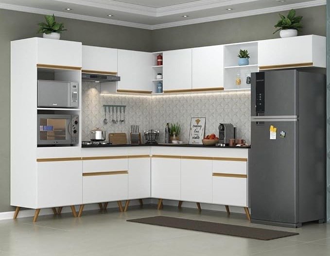 🤓Armário de Cozinha Completa de Canto Veneza Multimóveis V2048 Branco/dourado