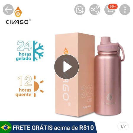 CIVAGO Garrafa Térmica Inox 940ml Tampa Vedada – Bebidas Frias 24h, Quentes 12h – Ouro Ros...