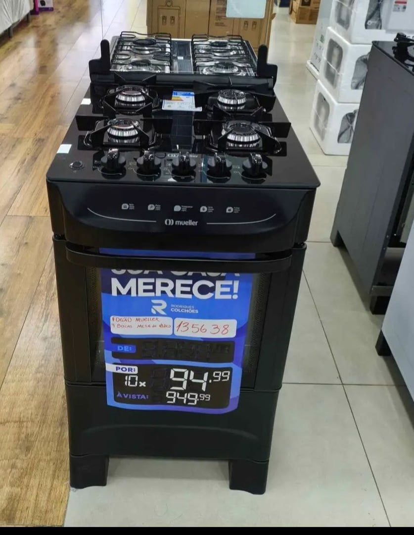 Fogão Mueller preto fosco 4 Bocas com mesa de vidro e acendimento Mfv4bb