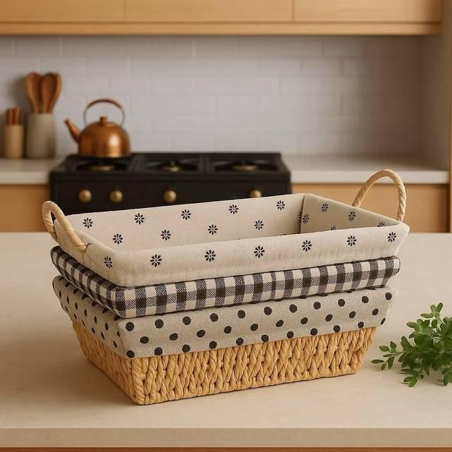 Cesto de Pão Redondo Retangular Oval Para Café da Manhã com Forro e Alça Lateral Cozinha M...