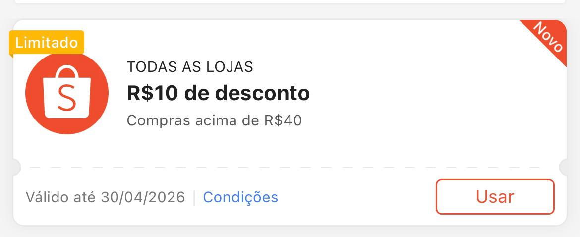 Cupom R$ 10 a partir de R$ 40 - Shopee