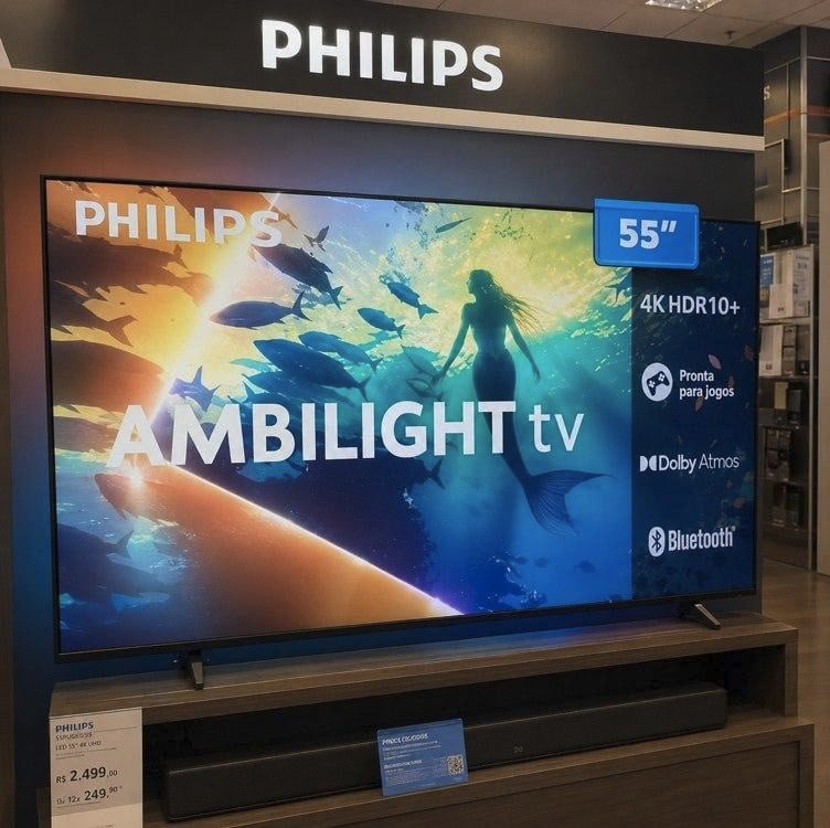 PHILIPS, Smart TV Ambilight 55" 4K, Titan OS, 55PUG8100/78, Comando de Voz, HDR10+/Dolby Atmos, VRR/ALLM, Bluetooth