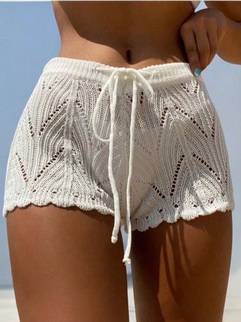 Short Saída de Praia Shortinho Tricot Crochê Cós alto Moda Praia Rendado