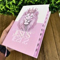Bíblia Sagrada Rei Dos Reis Feminina Rosa Capa Dura Letras Médias Com Harpa e Índice Palavras De Jesus Destacadas Em Vermelho