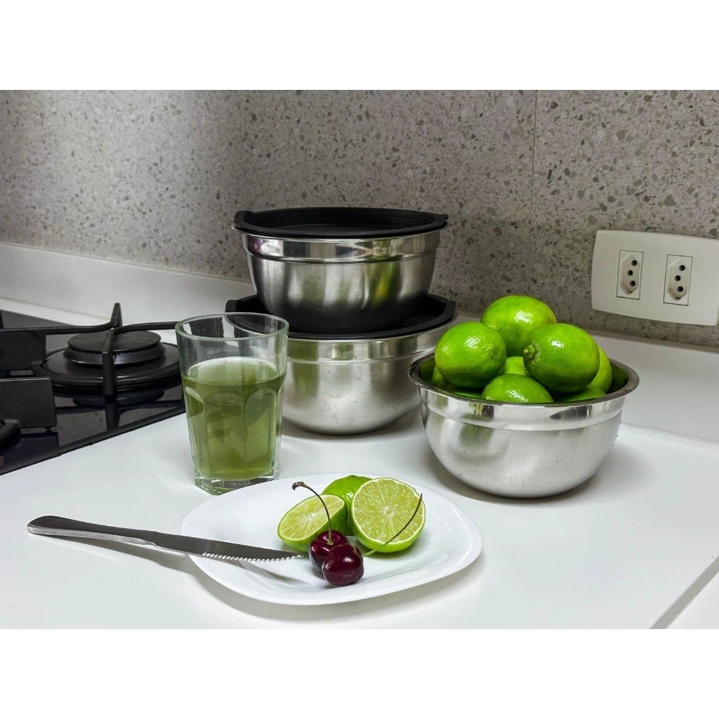 Conjunto Bowls de Inox Com Tampa Bumper