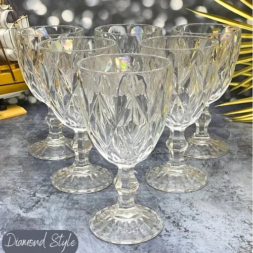 Jogo 6 Taças Diamante Vidro 330ml Copo Diamond Moderno Luxo Transparente Butter Cream Diam...