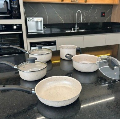 Jogo De Panelas 8 Peças Teflon Antiaderente C Tampa De Vidro Cor Ceramic Cerâmica