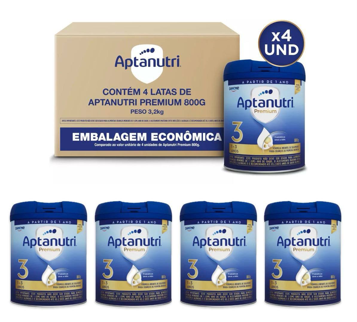Kit Aptanutri Premium 3 Fórmula Infantil em Pó para Crianças a partir de 1 Ano, Contém Leite – 800 g (Kit com 4 Unidades)