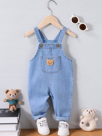 Macacão Denim Liso para Bebê Menino com Bolsos, Calça Cargo de Denim Confortável para Meni...