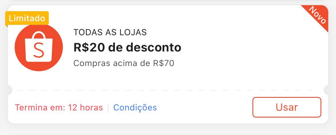 Cupom R$ 20 a partir de R$ 70 - Shopee