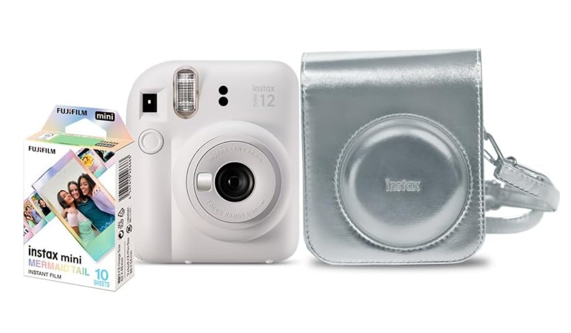 Kit Câmera Instax Mini12 com pack 10-fotos Mermaid Tail e Bolsa Prateada
