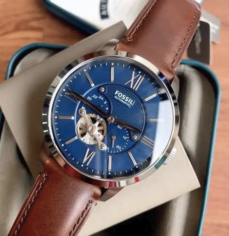 Fossil Relógio masculino Townsman automático de aço inoxidável e couro esqueleto com duas mãos