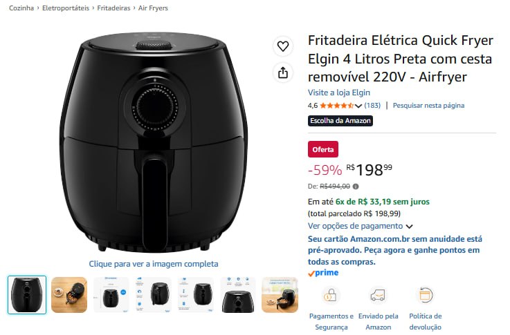 Fritadeira Elétrica Quick Fryer Elgin 4 Litros Preta com cesta removível 220V - Airfryer