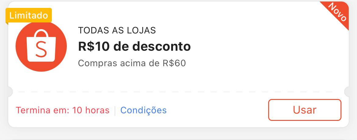 Cupom R$ 10 a partir de R$ 60 - Shopee