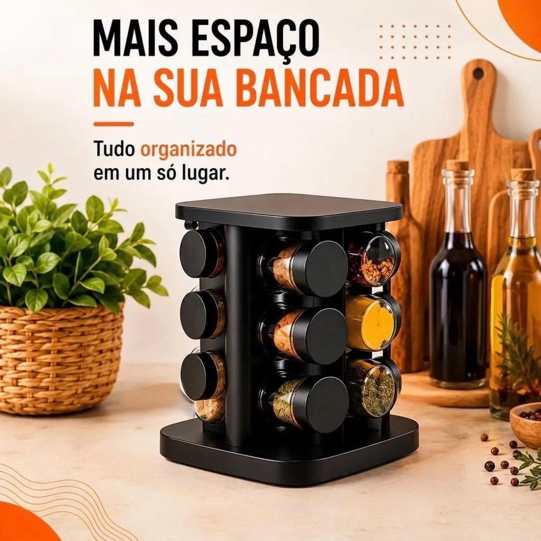 Porta Temperos Giratório 360° Com 12 Potes De Vidro 85ml Tampa Inox Organizador De Temperos Condimentos Suporte Para Bancada Mesa Cozinha Premium Redondo Elegante Hold On Preto