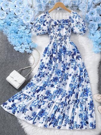 SHEIN Vestido Casual de Manga Curta com Estampa Floral Completa para Meninas Adolescentes