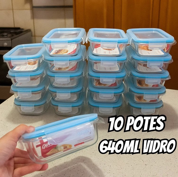 Conjunto 10 Potes 640ml Vidro Hermético 4 Travas Marmita Universo Mix Branco