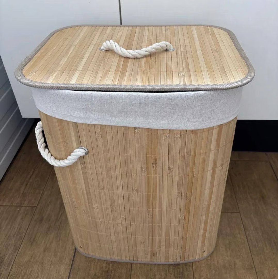 🤓Cesto De Roupa Suja De Bambu Com Tampa E Alças 50 Litros Kontuz