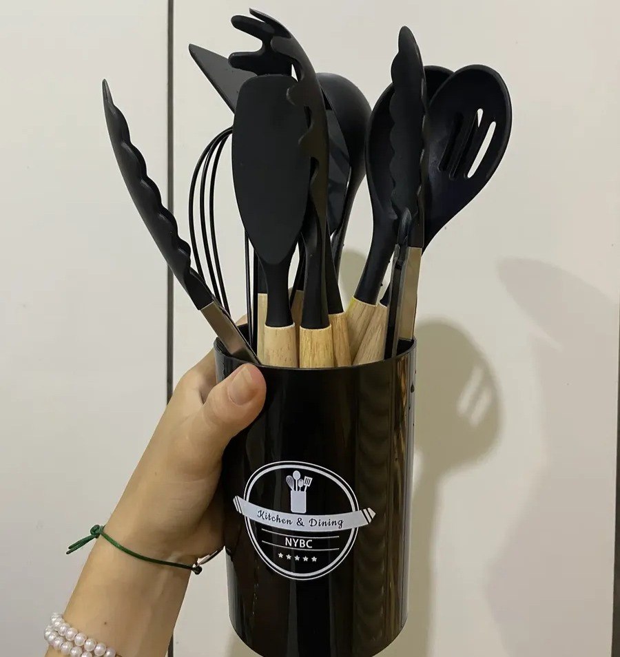 Kit Utensílios Cozinha Preto Silicone Cabo Madeira Nybc 12 Peças