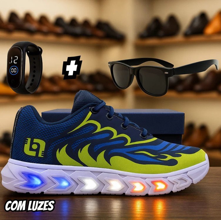 Tenis Infantil Led Meninos Casual Com Luzes Oculos Relogio