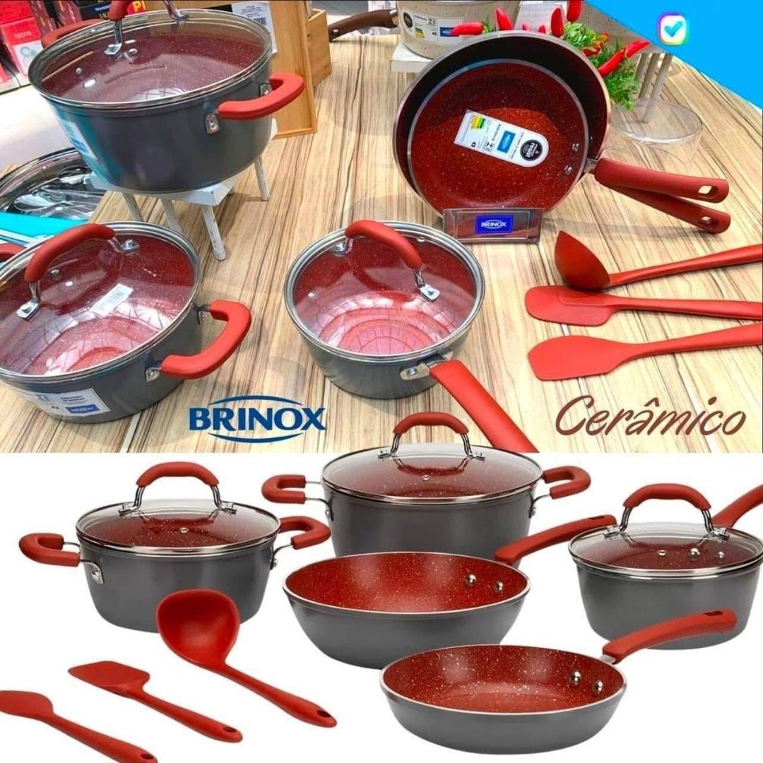 Jogo de Panelas Brinox Revestimento Cerâmico de Alumínio Vermelho e Cinza 8 Peças Ceramic ...