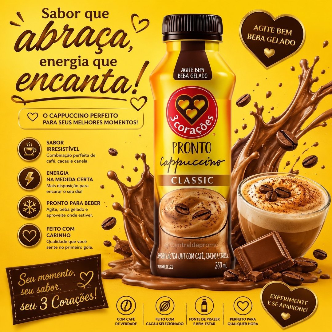 3 Corações Cappuccino Classic Bebida Láctea - 260ml