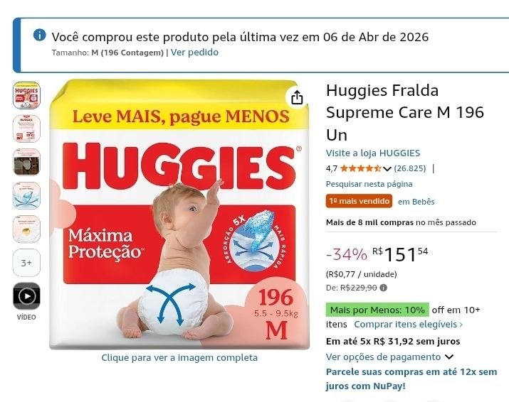 Huggies Fralda Supreme Care M 196 Un