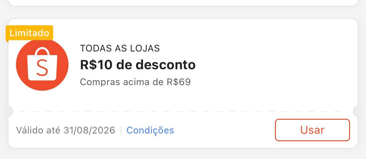 Cupom R$ 10 a partir de R$ 69 - Shopee