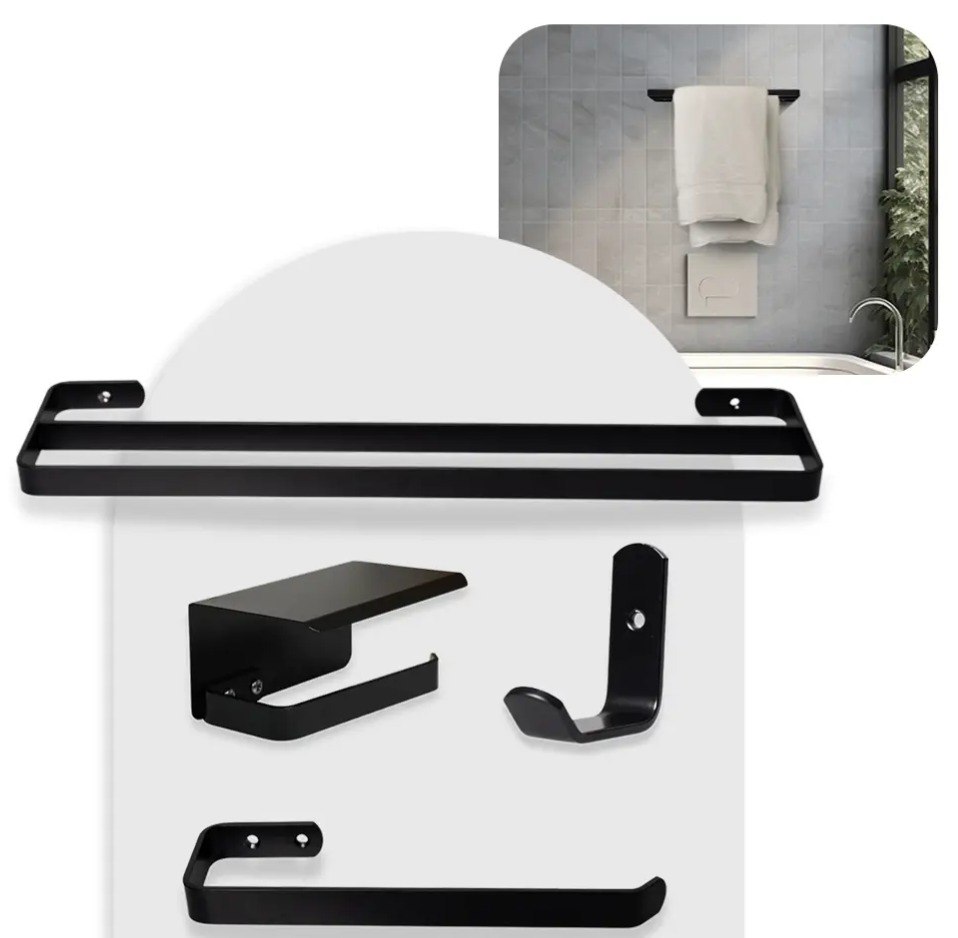 Kit Acessórios Para Banheiro alumínio 4 Peças Luxo Preto Fosco